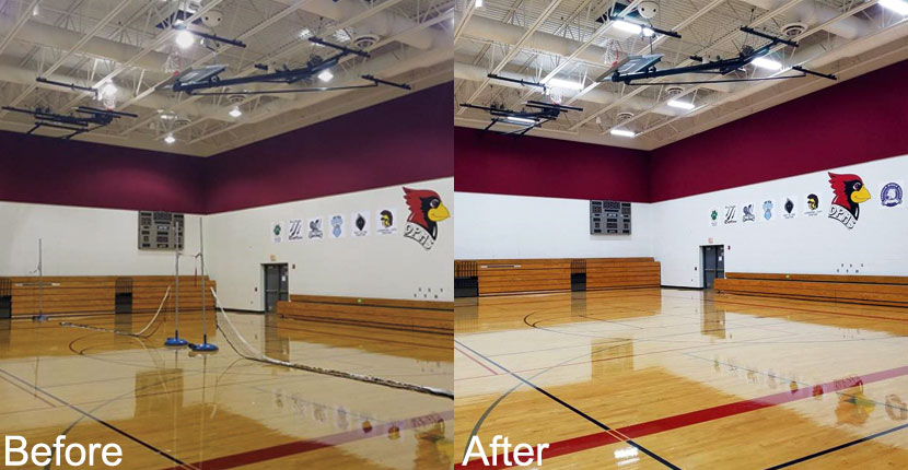 Before and after Batteries Plus helped the school update lights in the Gym