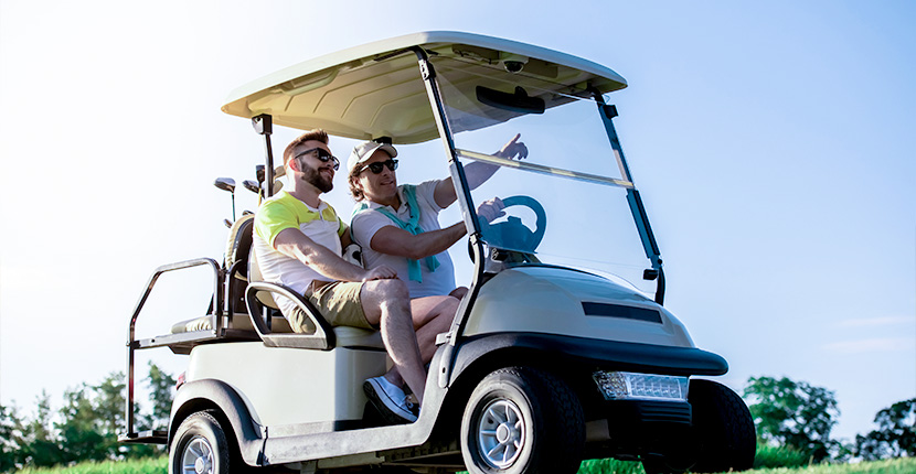 Two guys in a golf cart