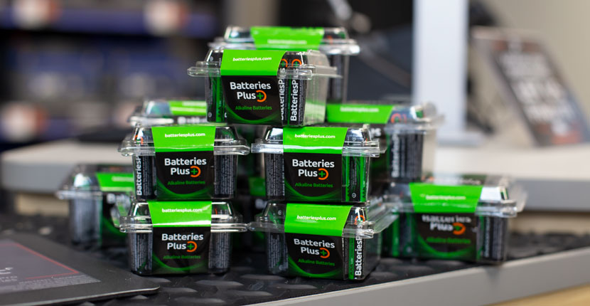 tower of Batteries Plus Branded alkaline batteries