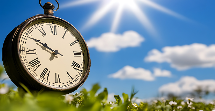 Clock outside above plants