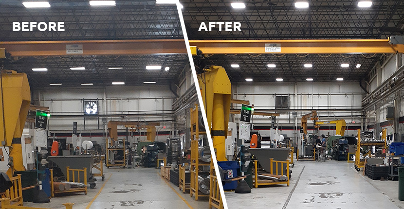 Before and after new lights in a warehouse 