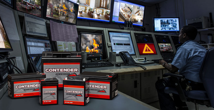 Contender branded batteries on a counter in a security room