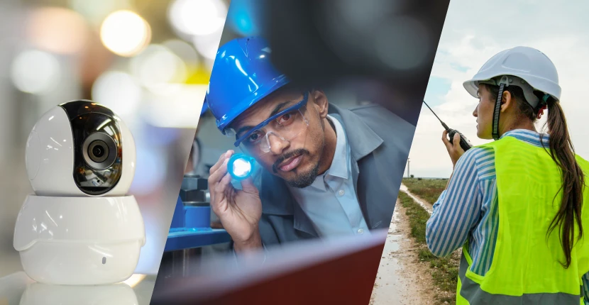 security camera, man with a flashlight, woman using a two-way radio