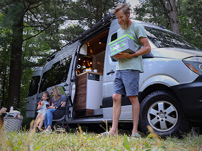 A family outside an RV