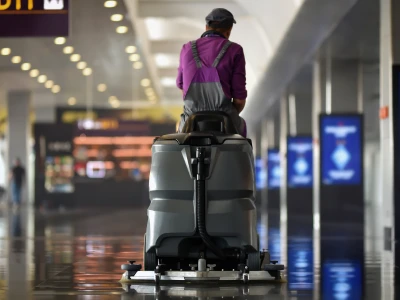 Worker pushing a floor scrubber