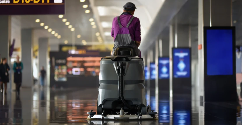 Worker pushing a floor scrubber