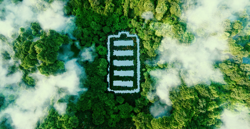 Overhead view of a battery shaped object in a wooded area