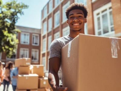People carrying boxes into their dorm
