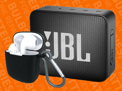 Essential vacation tech, earbuds and jbl speaker