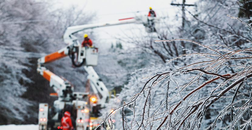 Emergency workers assessing a power link in winter