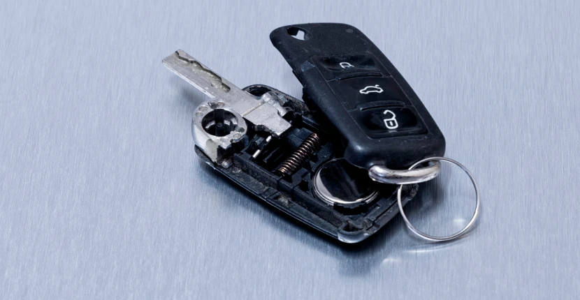Key fob open showing the battery