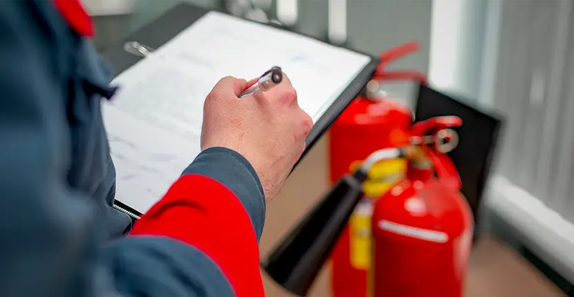 looking over a document with 2 fire extinguishers in the background