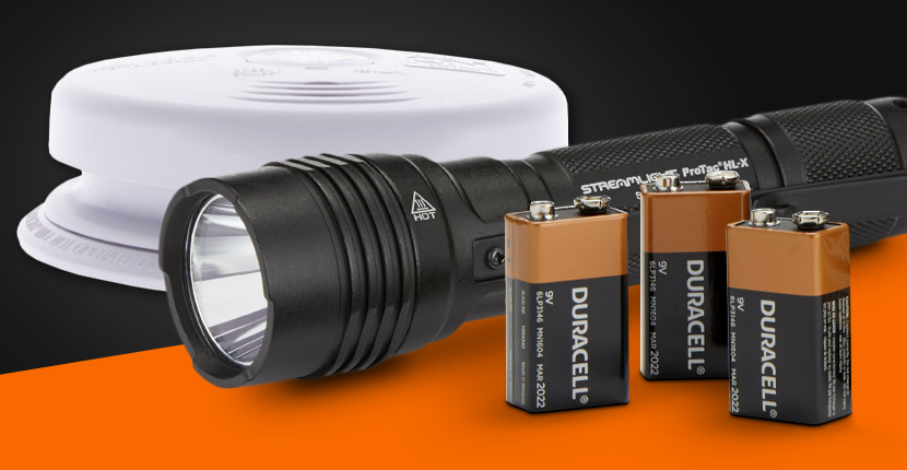 fire alarm, flashlight, and three 9V Duracell batteries