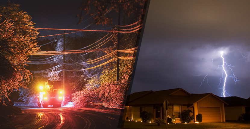 Work truck with lights on driving down an icy road, and a house at night with a large lightning bolt behind it