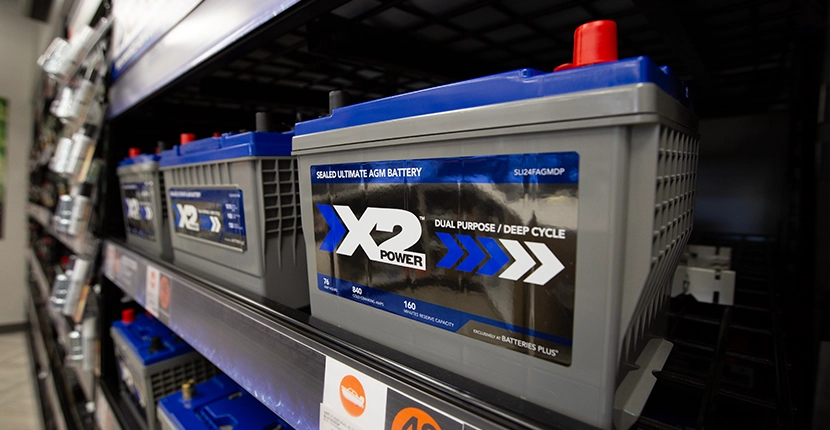 X2Power Auto batteries on the shelf