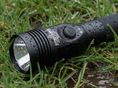 Wet flashlight in the grass